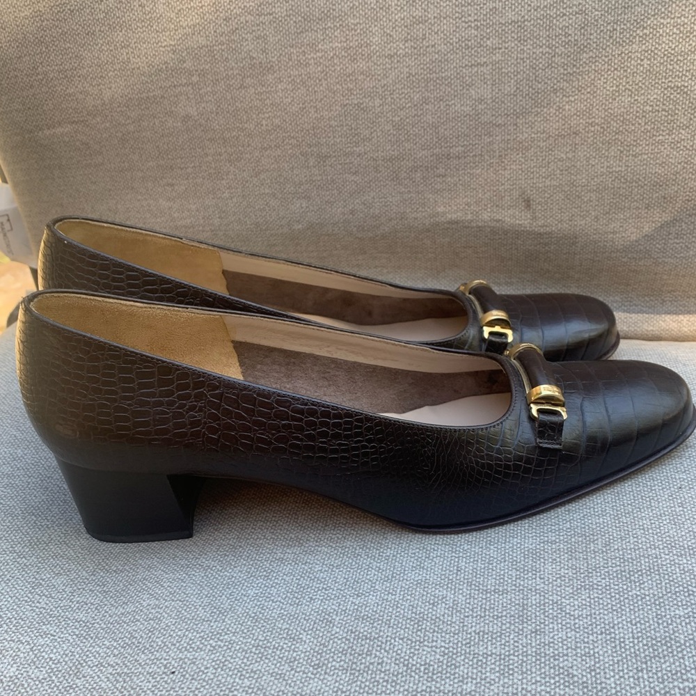 Salvatore Ferragamo Croc Chocolate Brown Leather Shoes Heels size 9 Vintage - Picture 7 of 15